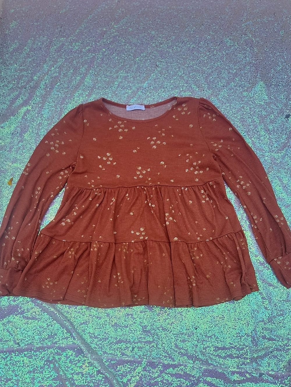 Ces Femme Rust Tiered Long-Sleeve Top with Floral Print